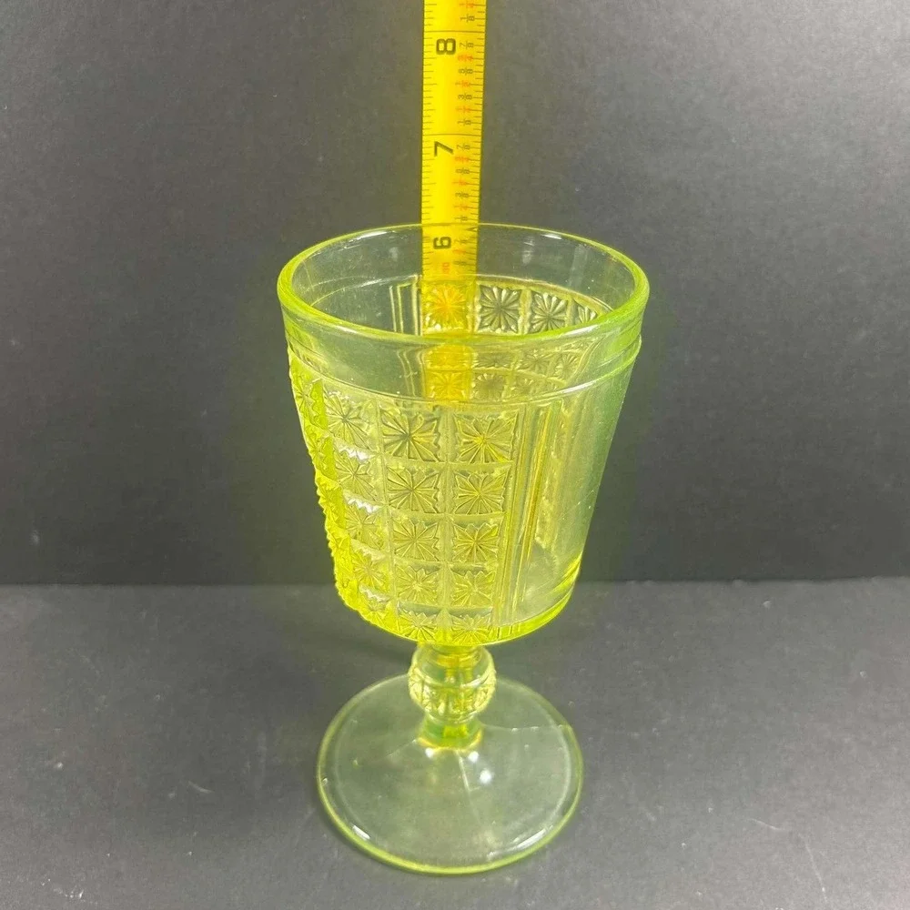 Vaseline Glass Goblet Yellow Green Star Panel Pattern Depression Glass